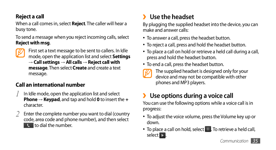 Sharp GT-I9000 user manual ›› Use the headset, ›› Use options during a voice call, Character, To dial the number 