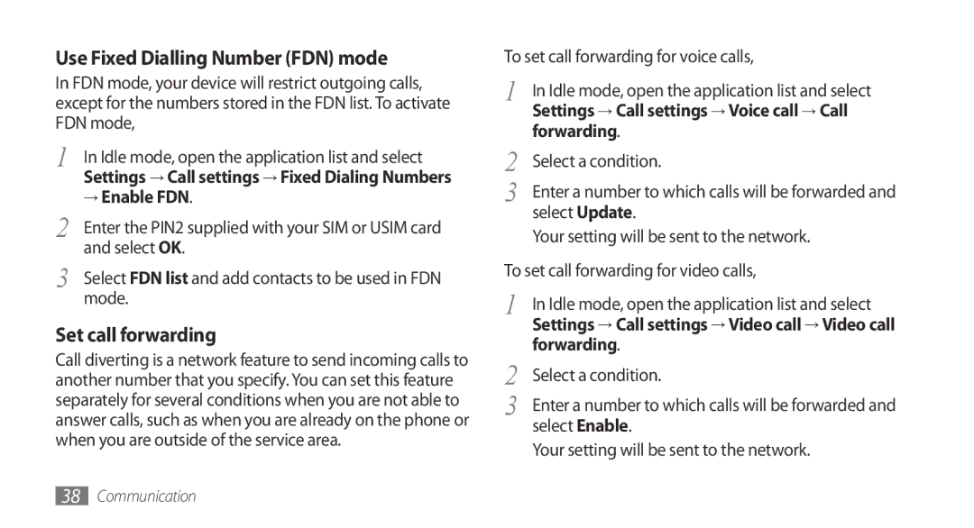 Sharp GT-I9000 user manual → Enable FDN, Forwarding 