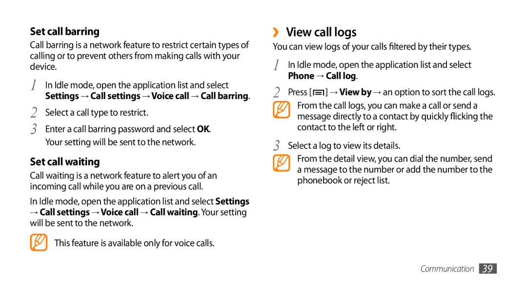 Sharp GT-I9000 user manual ›› View call logs, Select a call type to restrict, Phone → Call log 