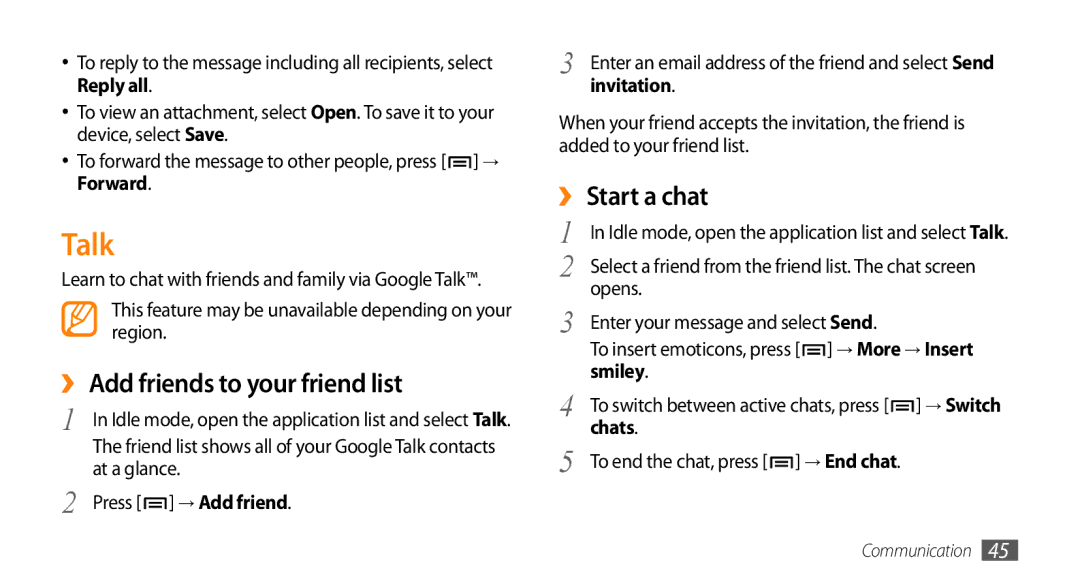 Sharp GT-I9000 user manual Talk, ›› Add friends to your friend list, ›› Start a chat 