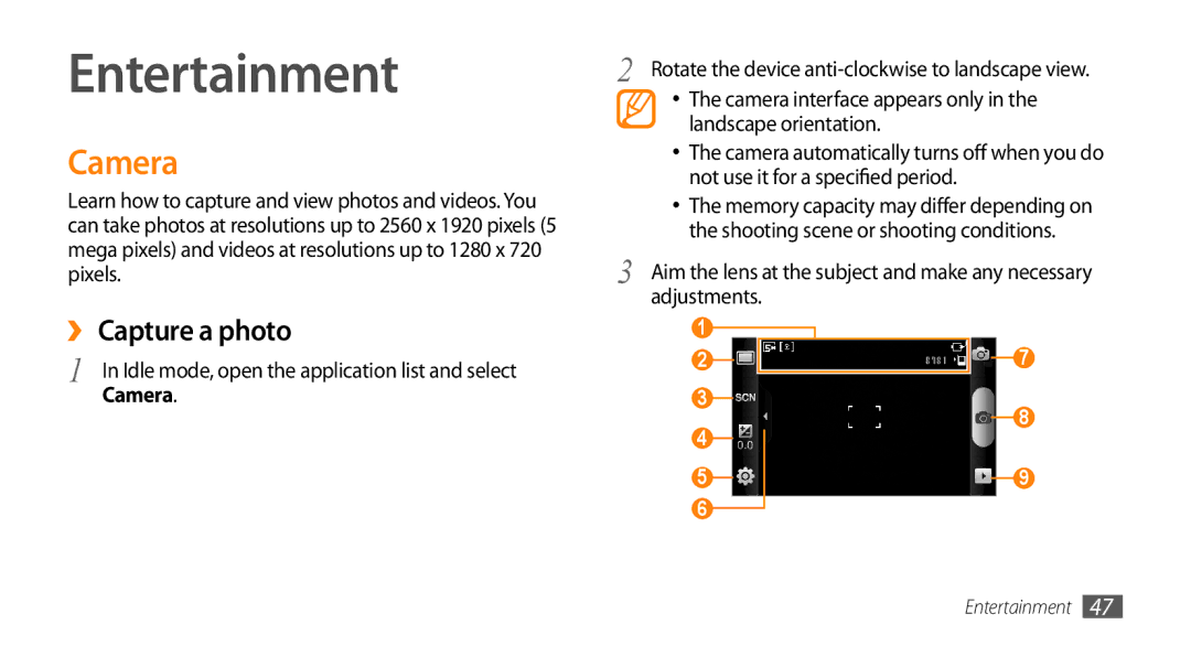 Sharp GT-I9000 user manual Entertainment, Camera, ›› Capture a photo 