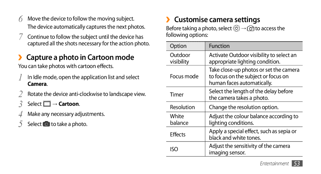 Sharp GT-I9000 user manual ›› Capture a photo in Cartoon mode, ›› Customise camera settings 