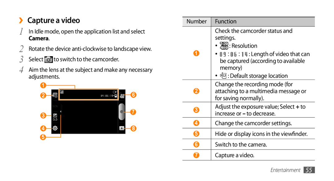 Sharp GT-I9000 user manual ›› Capture a video, Default storage location Change the recording mode for 