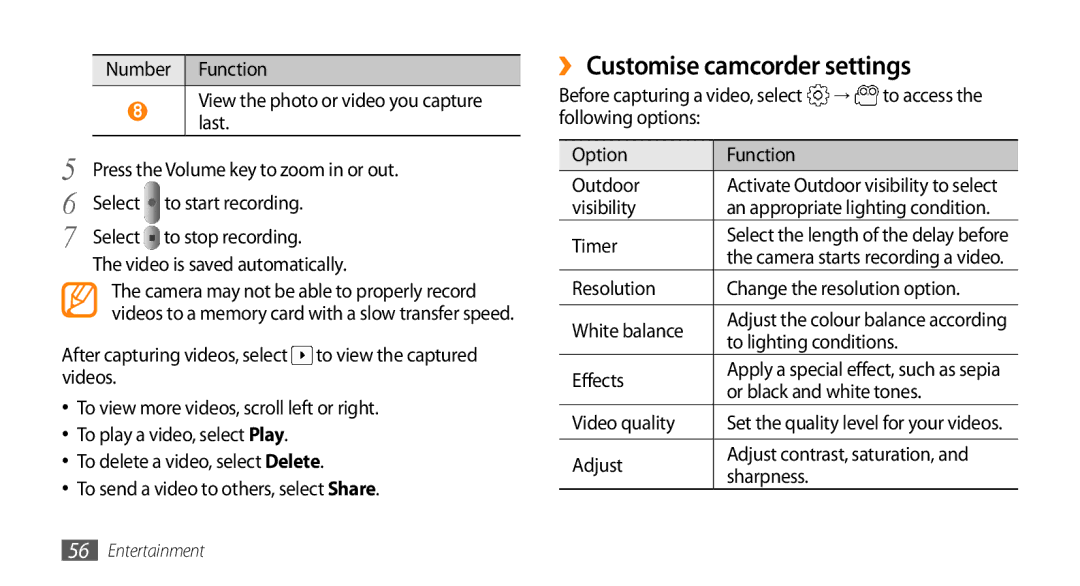 Sharp GT-I9000 user manual ›› Customise camcorder settings 