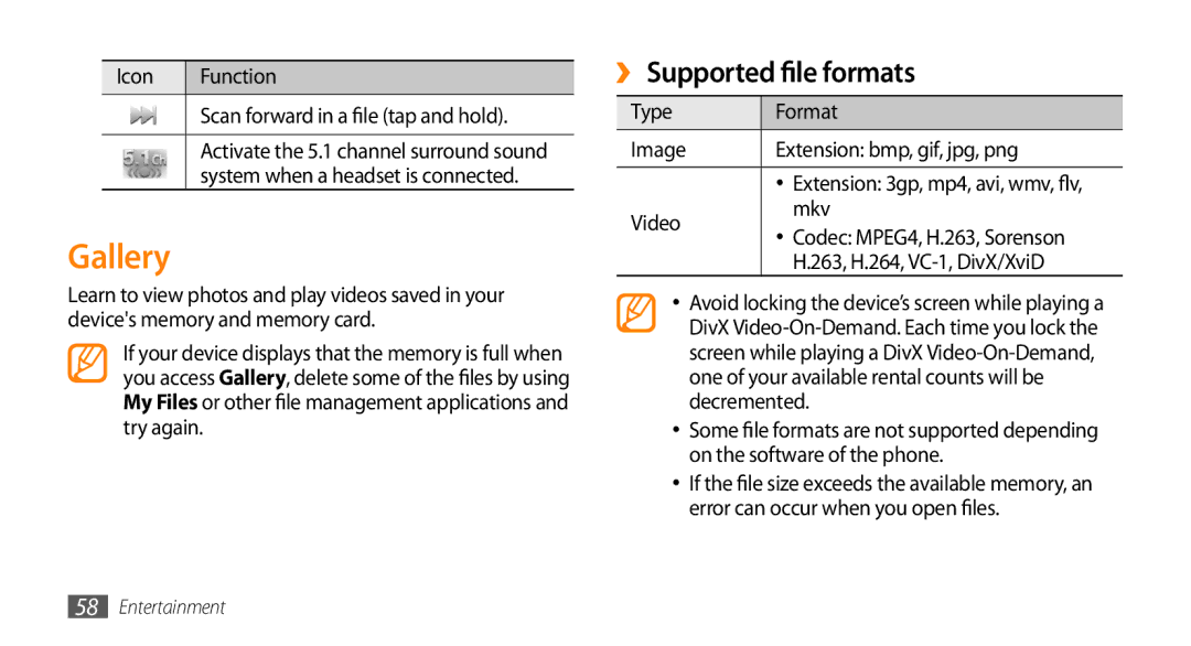 Sharp GT-I9000 user manual Gallery, ›› Supported file formats 