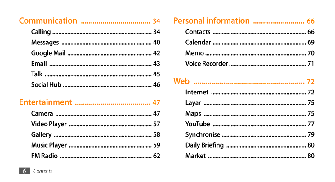 Sharp GT-I9000 user manual Communication Personal information, Web, Entertainment 