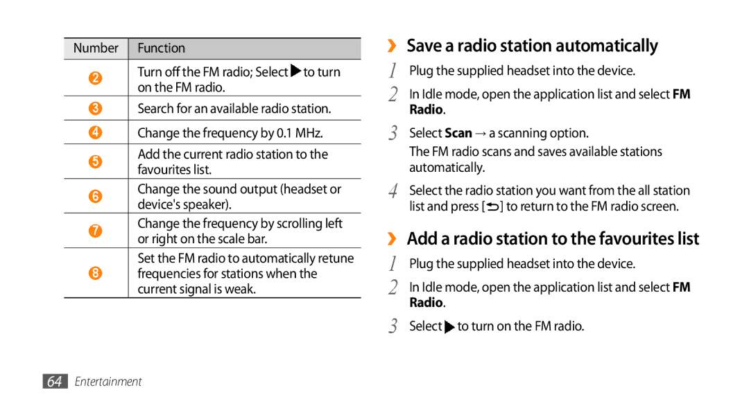 Sharp GT-I9000 ›› Save a radio station automatically, Plug the supplied headset into the device, Radio, Automatically 