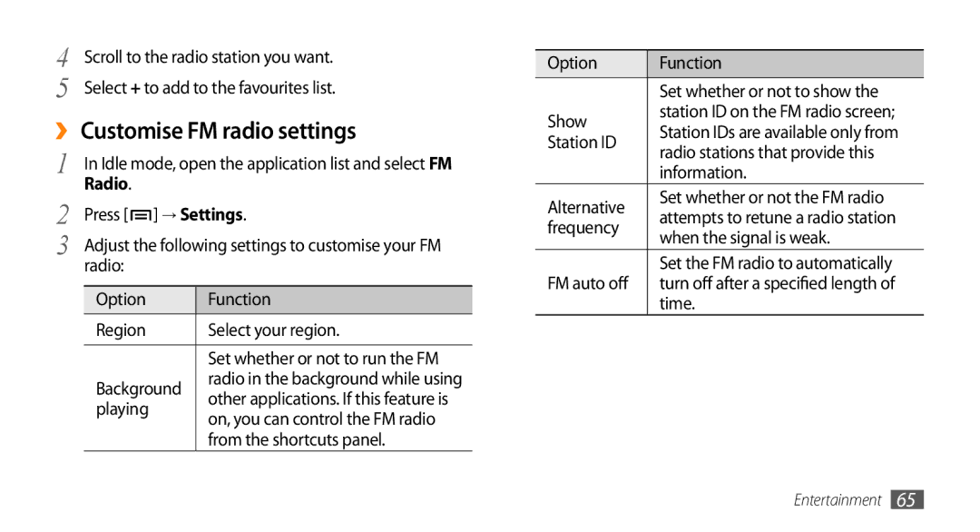 Sharp GT-I9000 user manual ›› Customise FM radio settings, → Settings 