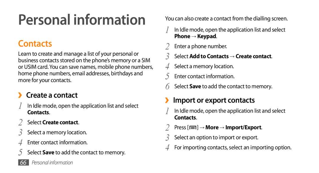 Sharp GT-I9000 user manual Contacts, ›› Create a contact, ›› Import or export contacts 