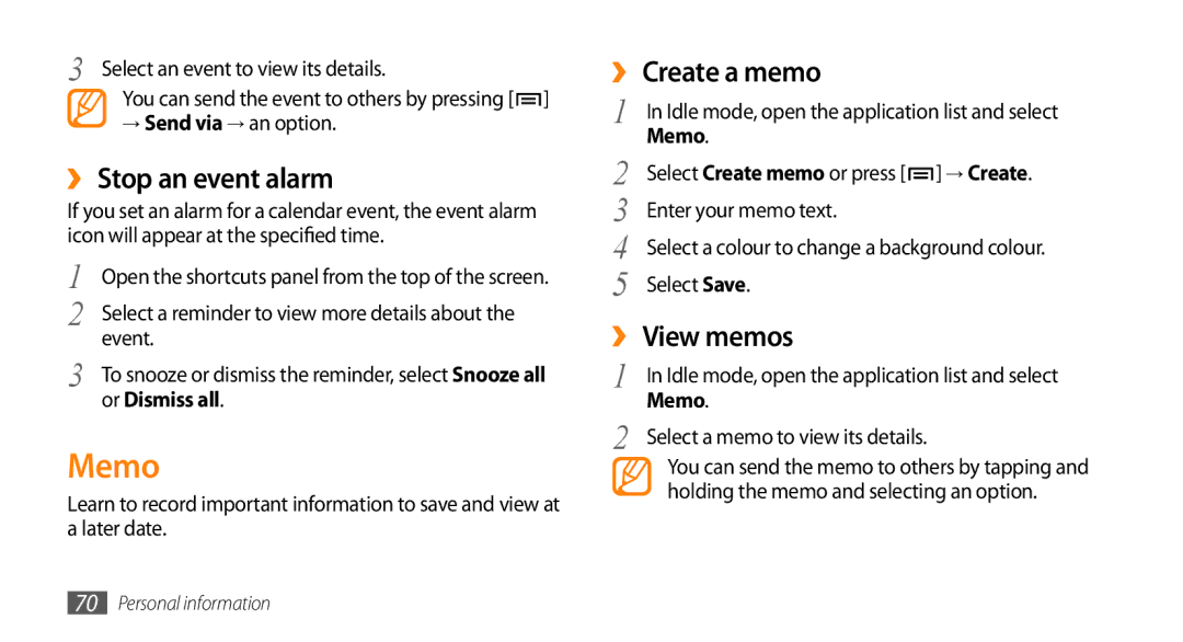 Sharp GT-I9000 user manual Memo, ››Stop an event alarm, ›› Create a memo, ›› View memos 