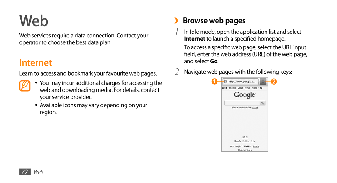 Sharp GT-I9000 user manual Web, Internet, ›› Browse web pages, Available icons may vary depending on your region, Select Go 