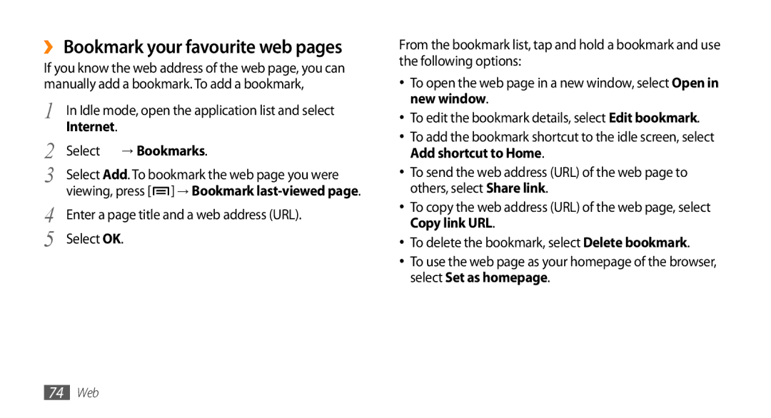 Sharp GT-I9000 user manual ›› Bookmark your favourite web pages, Select → Bookmarks 