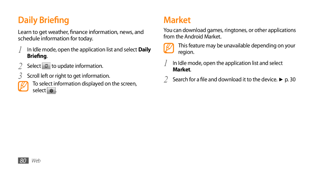 Sharp GT-I9000 user manual Daily Briefing, Market, Region 