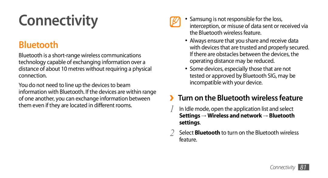 Sharp GT-I9000 user manual Connectivity, Bluetooth, Feature 