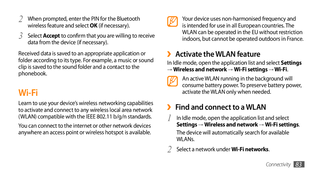 Sharp GT-I9000 user manual Wi-Fi, ›› Activate the Wlan feature, ›› Find and connect to a Wlan 