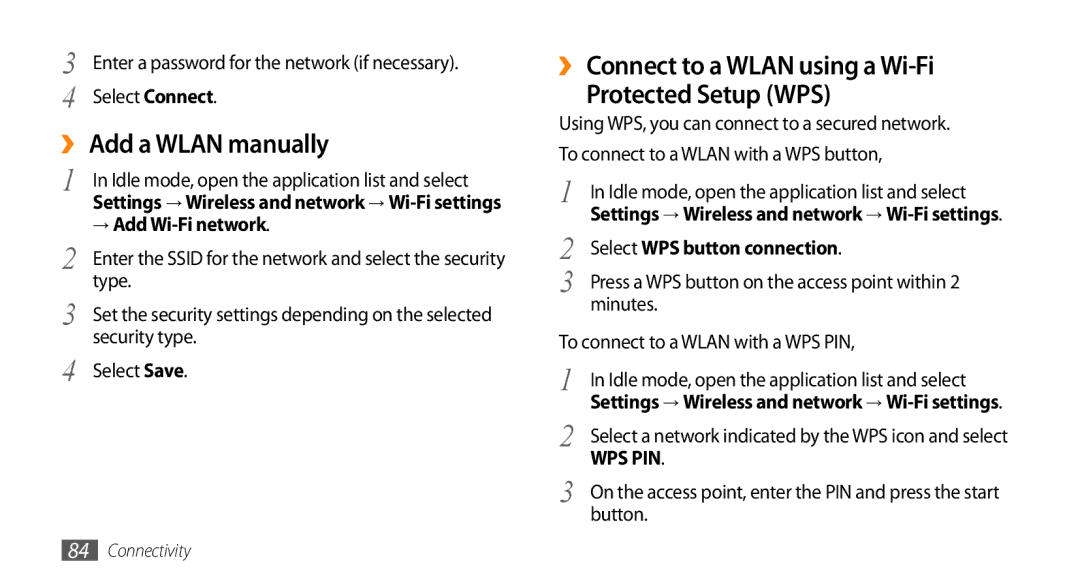 Sharp GT-I9000 user manual ›› Add a Wlan manually, ›› Connect to a Wlan using a Wi-Fi Protected Setup WPS 