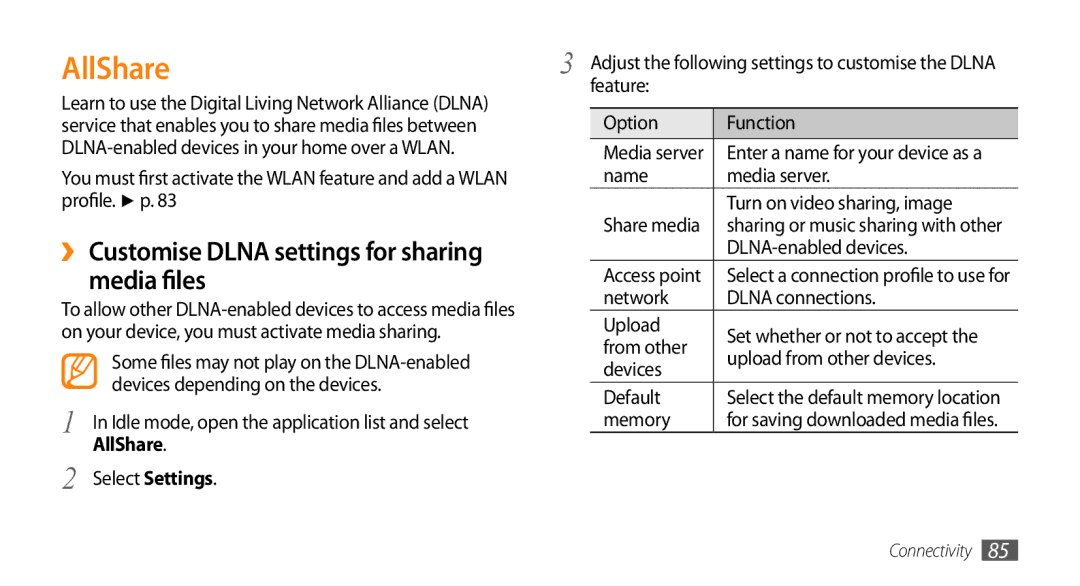 Sharp GT-I9000 user manual AllShare, ›› Customise Dlna settings for sharing Media files 