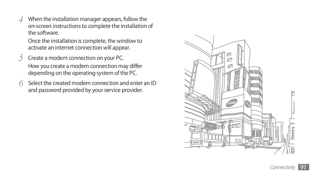 Sharp GT-I9000 user manual Software, Activate an internet connection will appear, Create a modem connection on your PC 