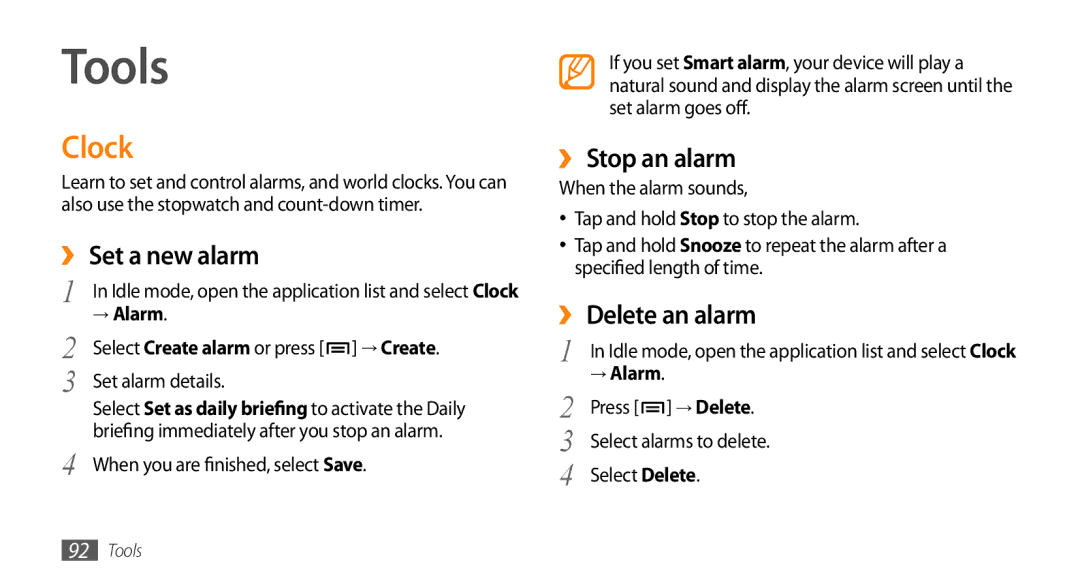 Sharp GT-I9000 user manual Tools, Clock, ›› Set a new alarm, ›› Stop an alarm, ›› Delete an alarm 