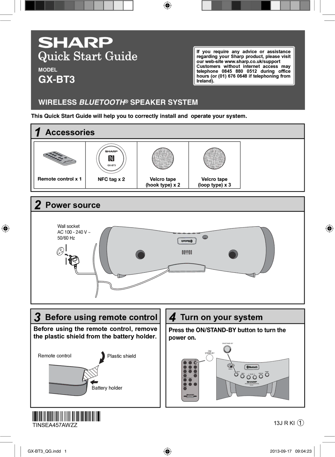 Sharp GX-BT3 quick start Accessories, Power source, Before using remote control, Turn on your system 