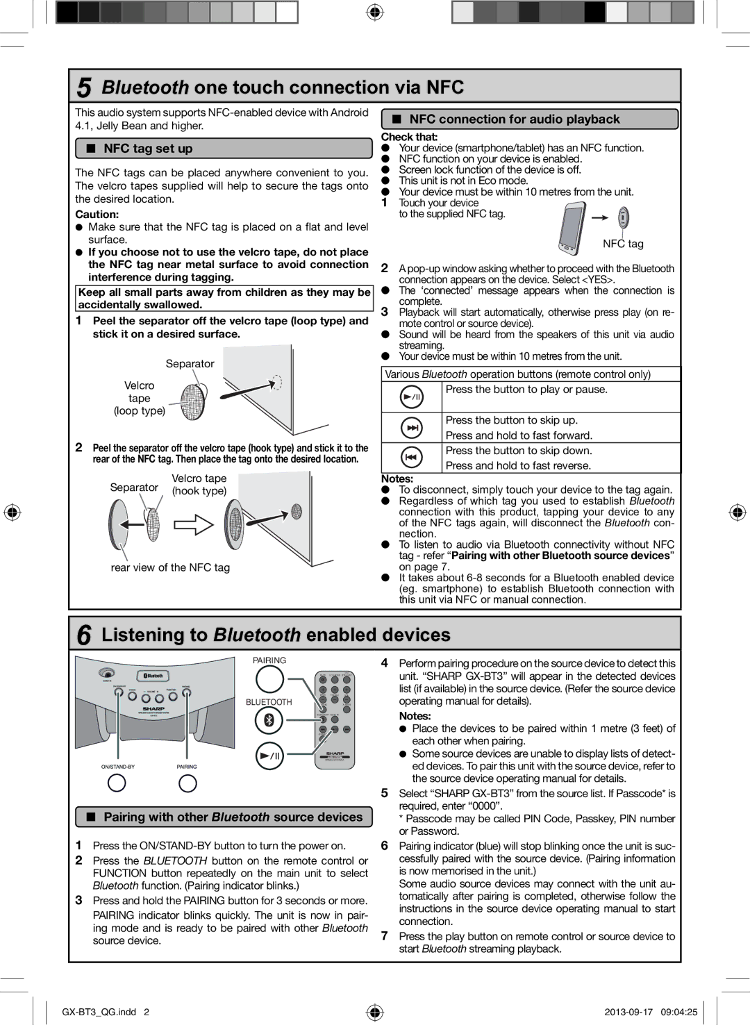 Sharp GX-BT3 quick start Bluetooth one touch connection via NFC, Listening to Bluetooth enabled devices, NFC tag set up 