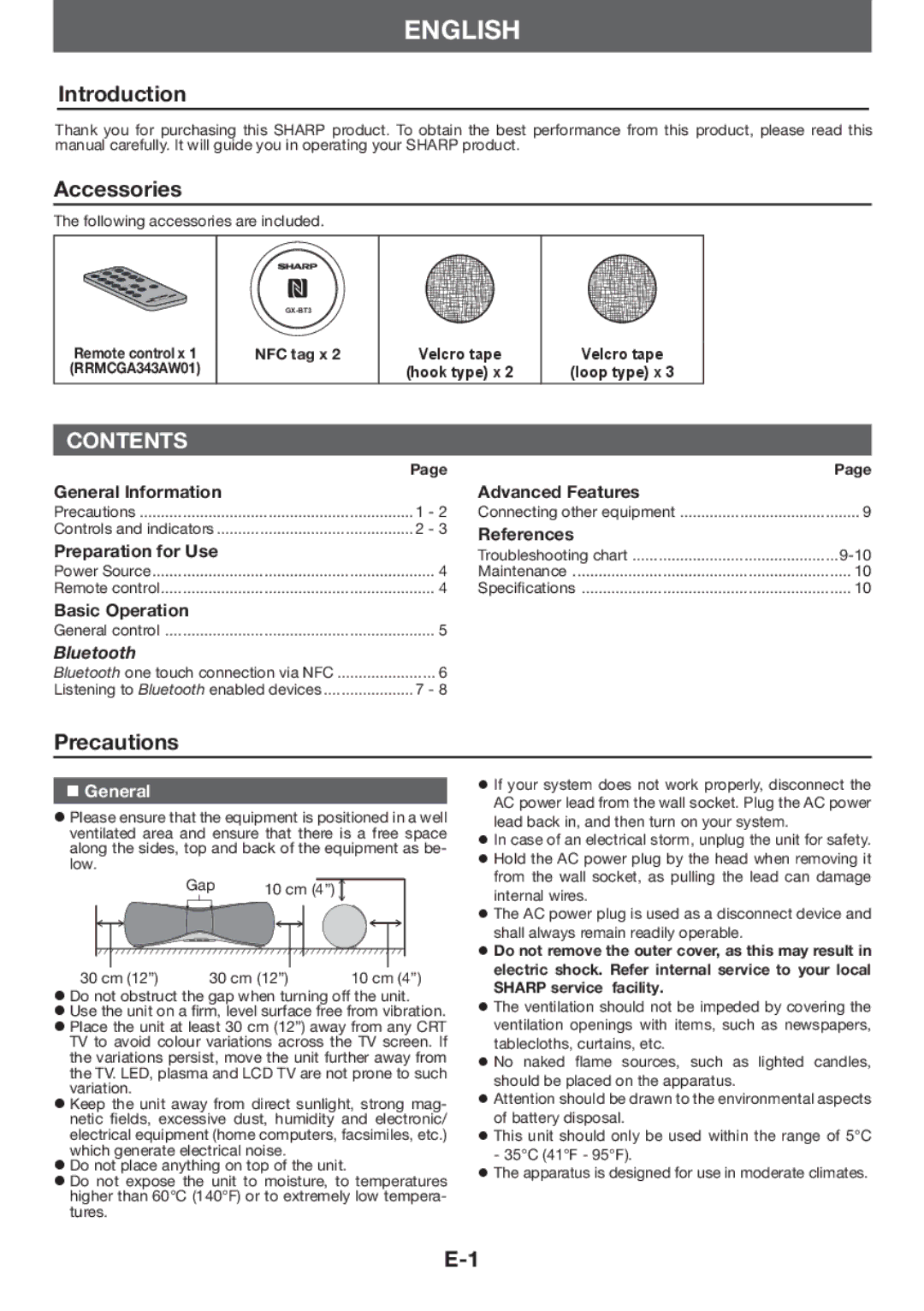 Sharp GX-BT3 specifications English 