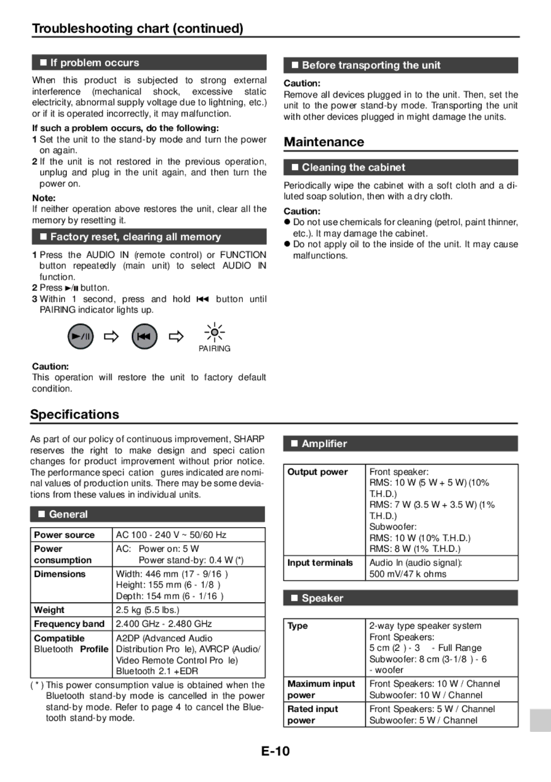 Sharp GX-BT3 specifications Maintenance, Specifications 