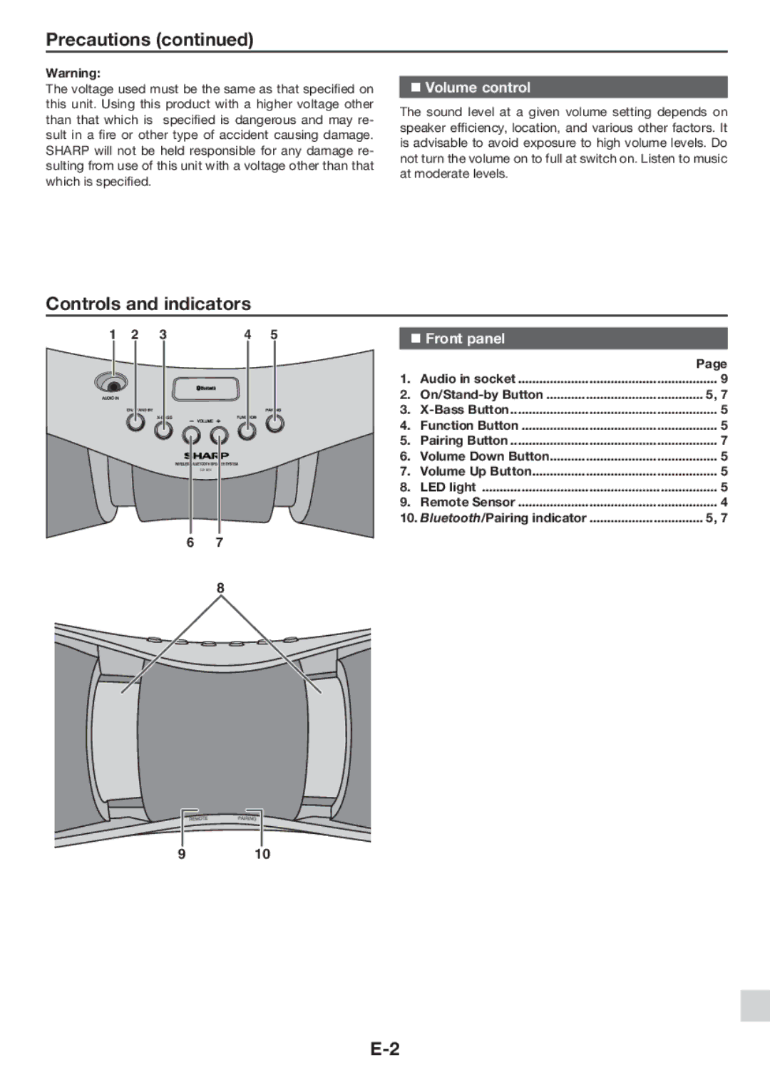 Sharp GX-BT3 specifications Controls and indicators,  Volume control,  Front panel 