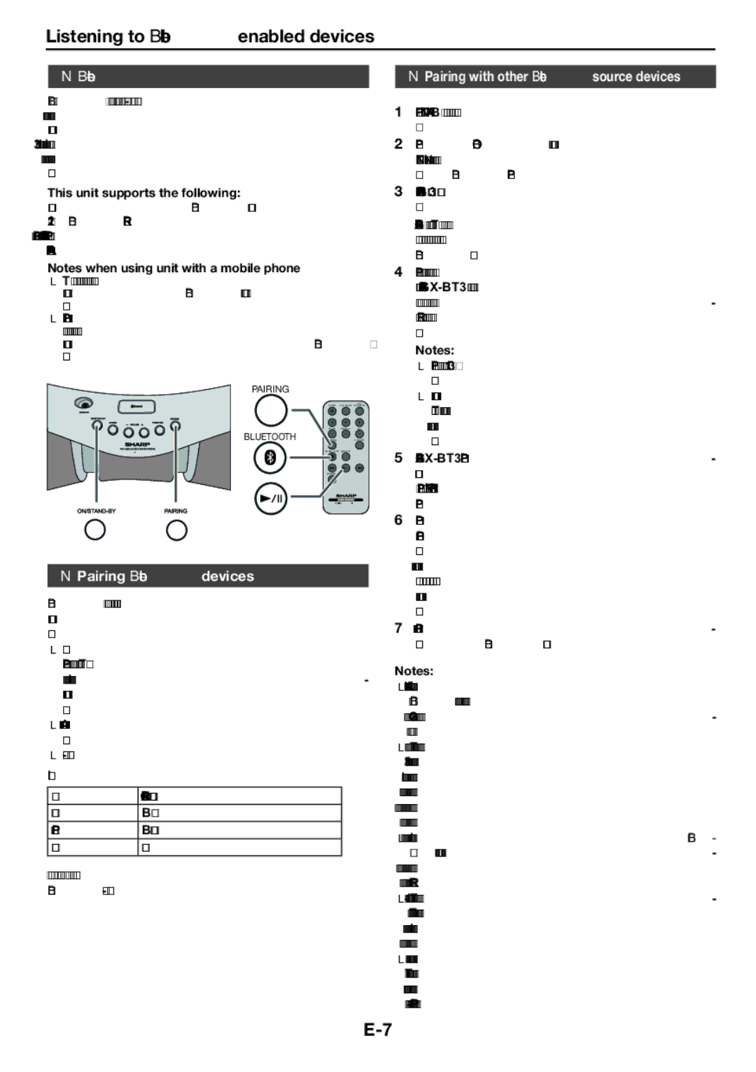 Sharp GX-BT3 Listening to Bluetooth enabled devices, Pairing Bluetooth devices, This unit supports the following 