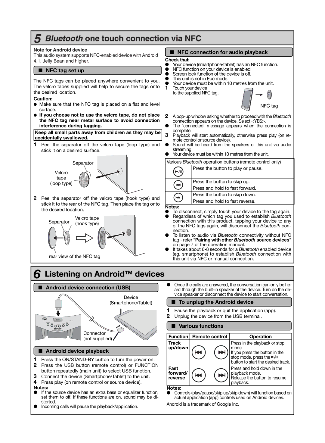 Sharp GX-BT7 manual Bluetooth one touch connection via NFC, Listening on Android devices 