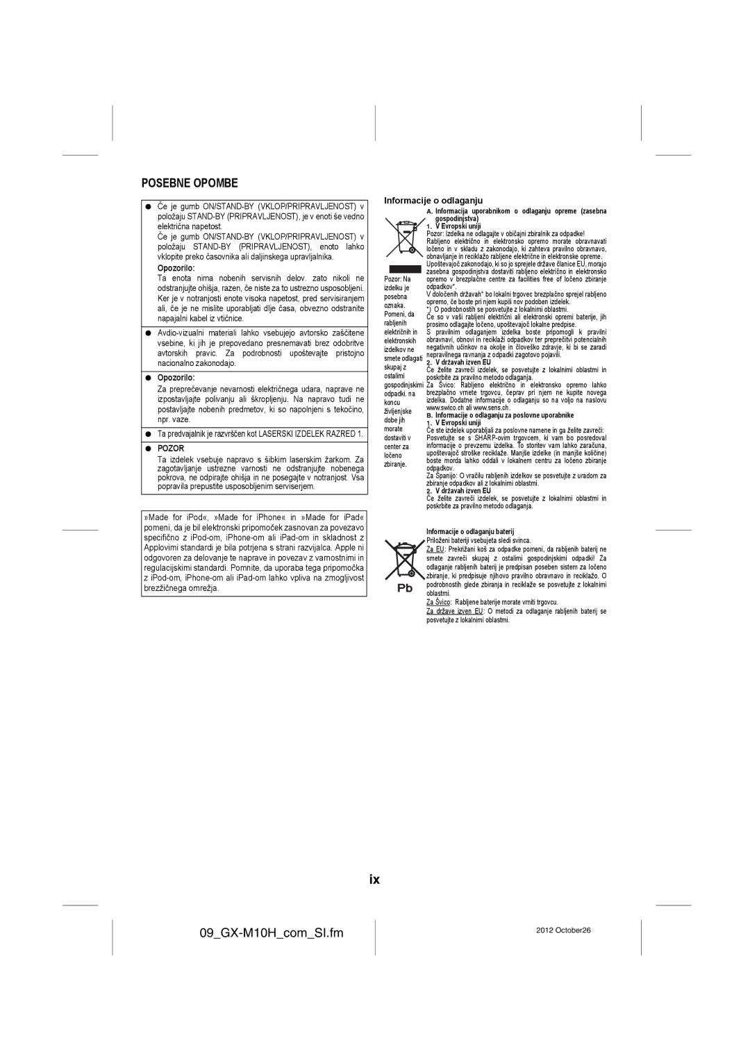 Sharp GX-M10H(OR), GX-M10H(RD) operation manual 09GX-M10HcomSI.fm, Posebne Opombe, Informacije o odlaganju, Opozorilo, Pozor 