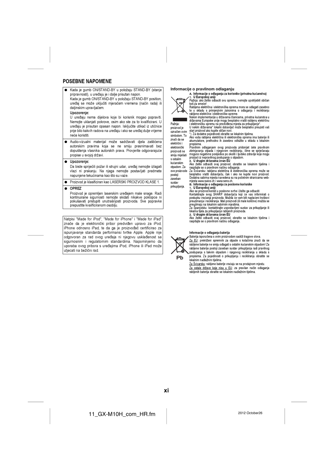 Sharp GX-M10H(OR), GX-M10H(RD) 11GX-M10HcomHR.fm, Posebne Napomene, Informacije o pravilnom odlaganju, Upozorenje, Oprez 