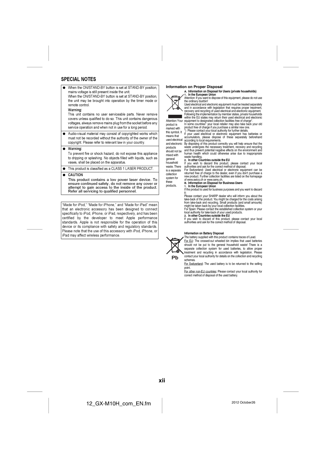 Sharp GX-M10H(RD), GX-M10H(OR) operation manual Xii, 12GX-M10HcomEN.fm, Special Notes, Information on Proper Disposal 