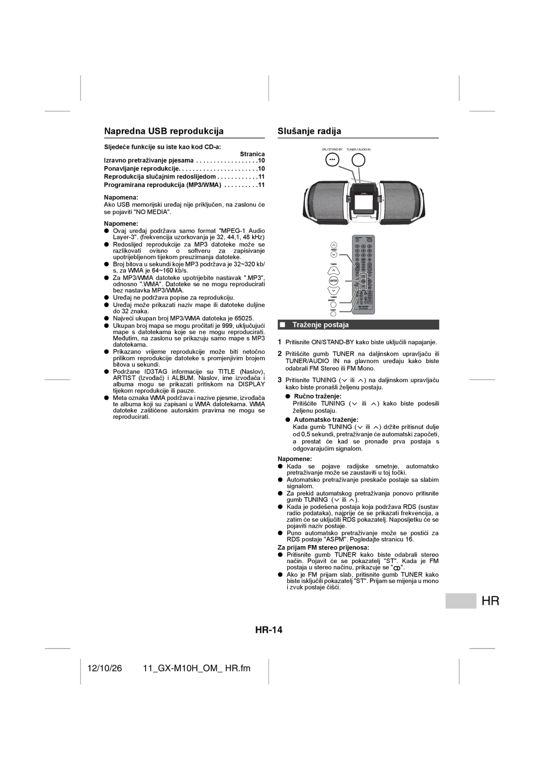 Sharp GX-M10H(RD), GX-M10H(OR) operation manual HR-14, Napredna USB reprodukcija, Slušanje radija, Traženje postaja 