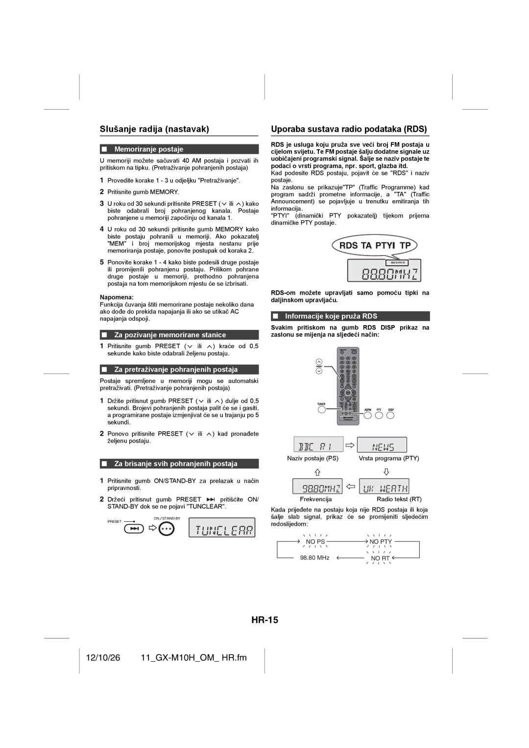 Sharp GX-M10H(OR), GX-M10H(RD) operation manual HR-15, Slušanje radija nastavak, Uporaba sustava radio podataka RDS 