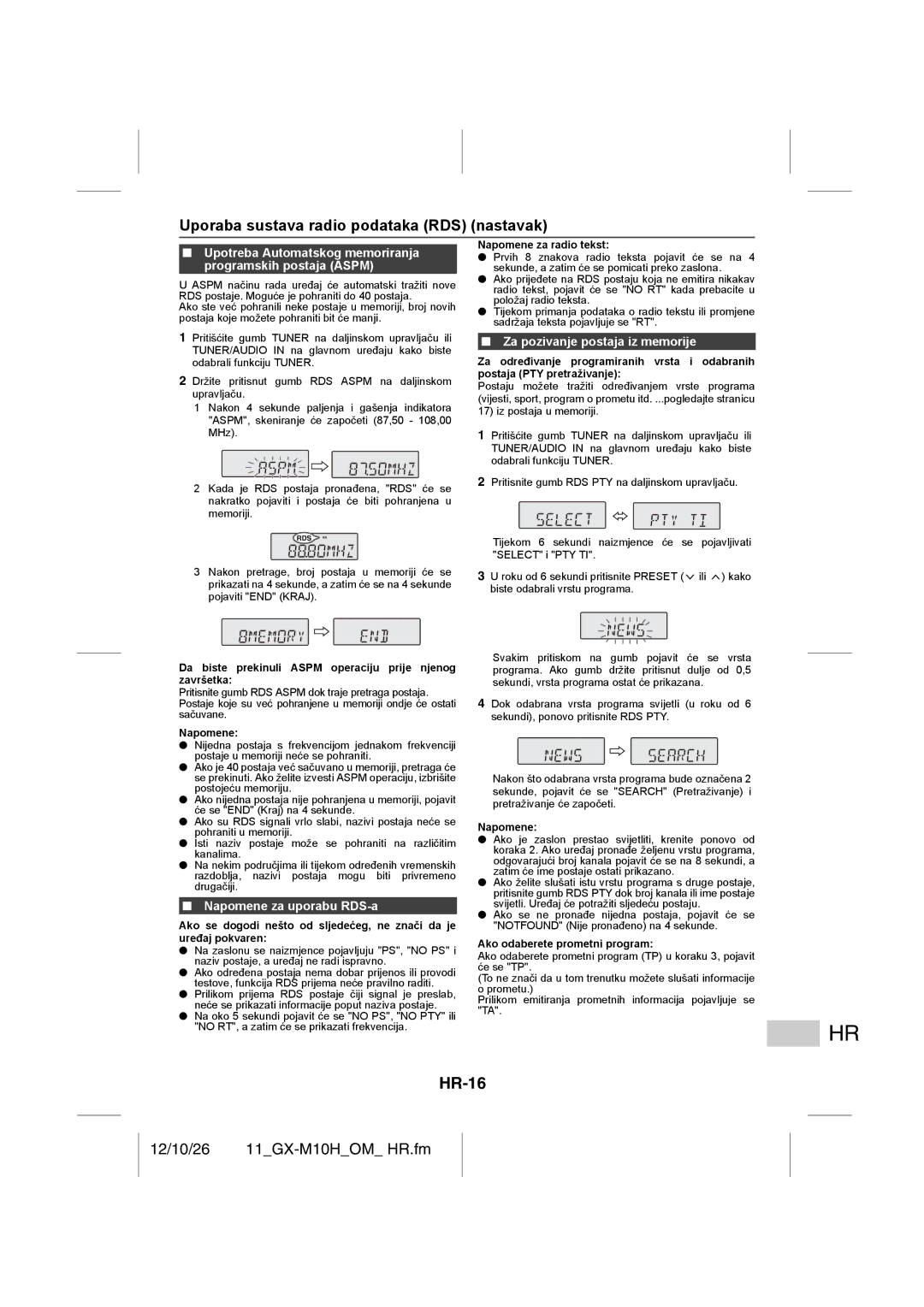 Sharp GX-M10H(RD), GX-M10H(OR) HR-16, Uporaba sustava radio podataka RDS nastavak, Napomene za uporabu RDS-a 