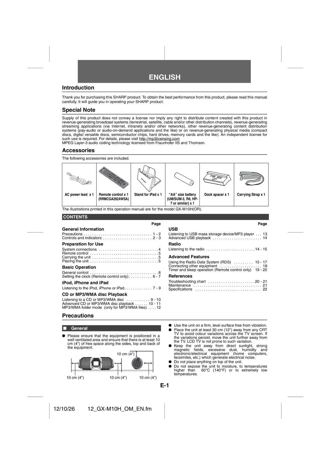 Sharp GX-M10H(OR), GX-M10H(RD) Introduction, Special Note, Accessories, Precautions, 12/10/26 12GX-M10HOMEN.fm 