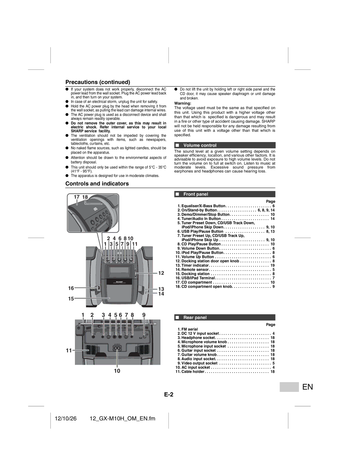 Sharp GX-M10H(RD), GX-M10H(OR) operation manual Controls and indicators, Volume control, Front panel, Rear panel 