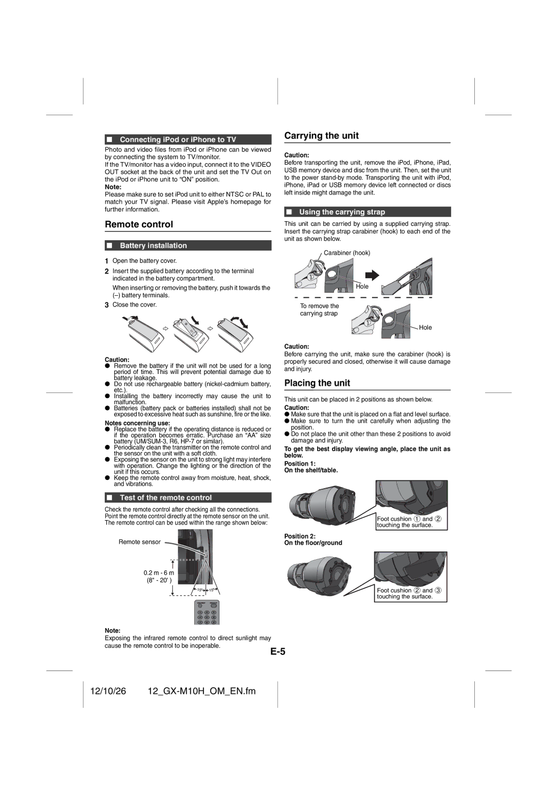 Sharp GX-M10H(OR), GX-M10H(RD) operation manual Remote control, Carrying the unit, Placing the unit 