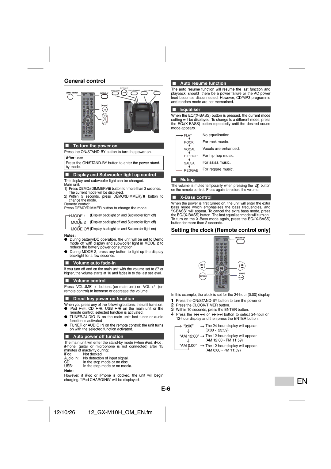 Sharp GX-M10H(RD), GX-M10H(OR) operation manual Setting the clock Remote control only 