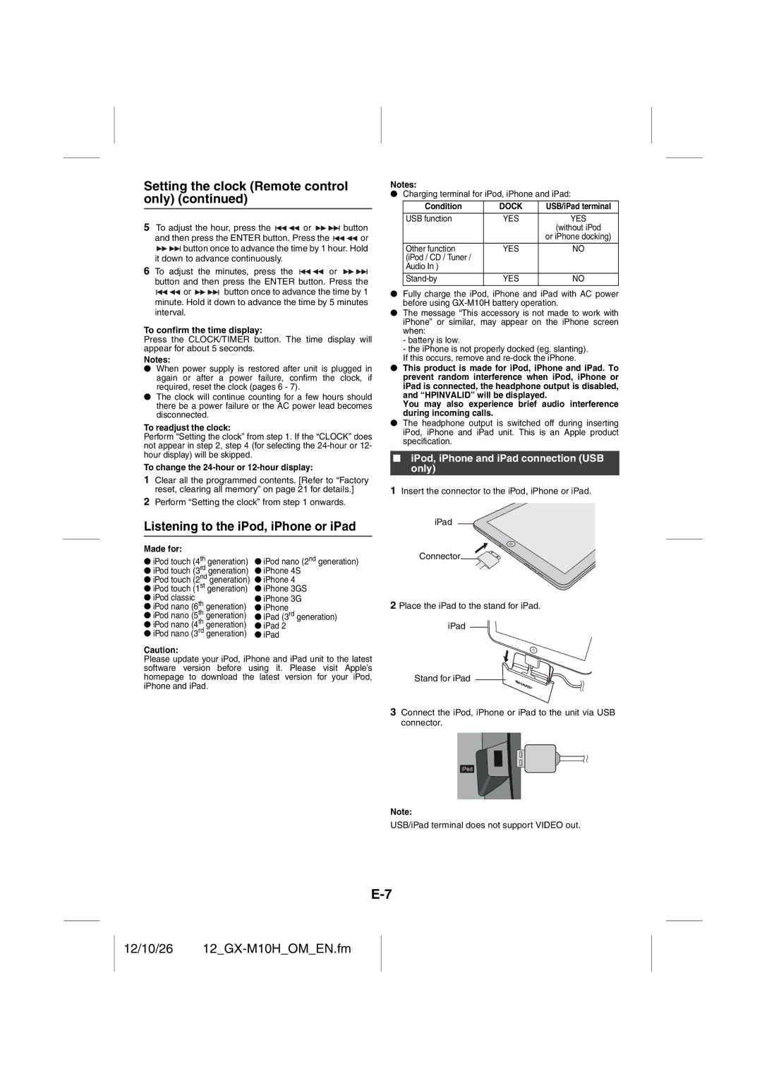 Sharp GX-M10H(OR), GX-M10H(RD) Listening to the iPod, iPhone or iPad, IPod, iPhone and iPad connection USB only 