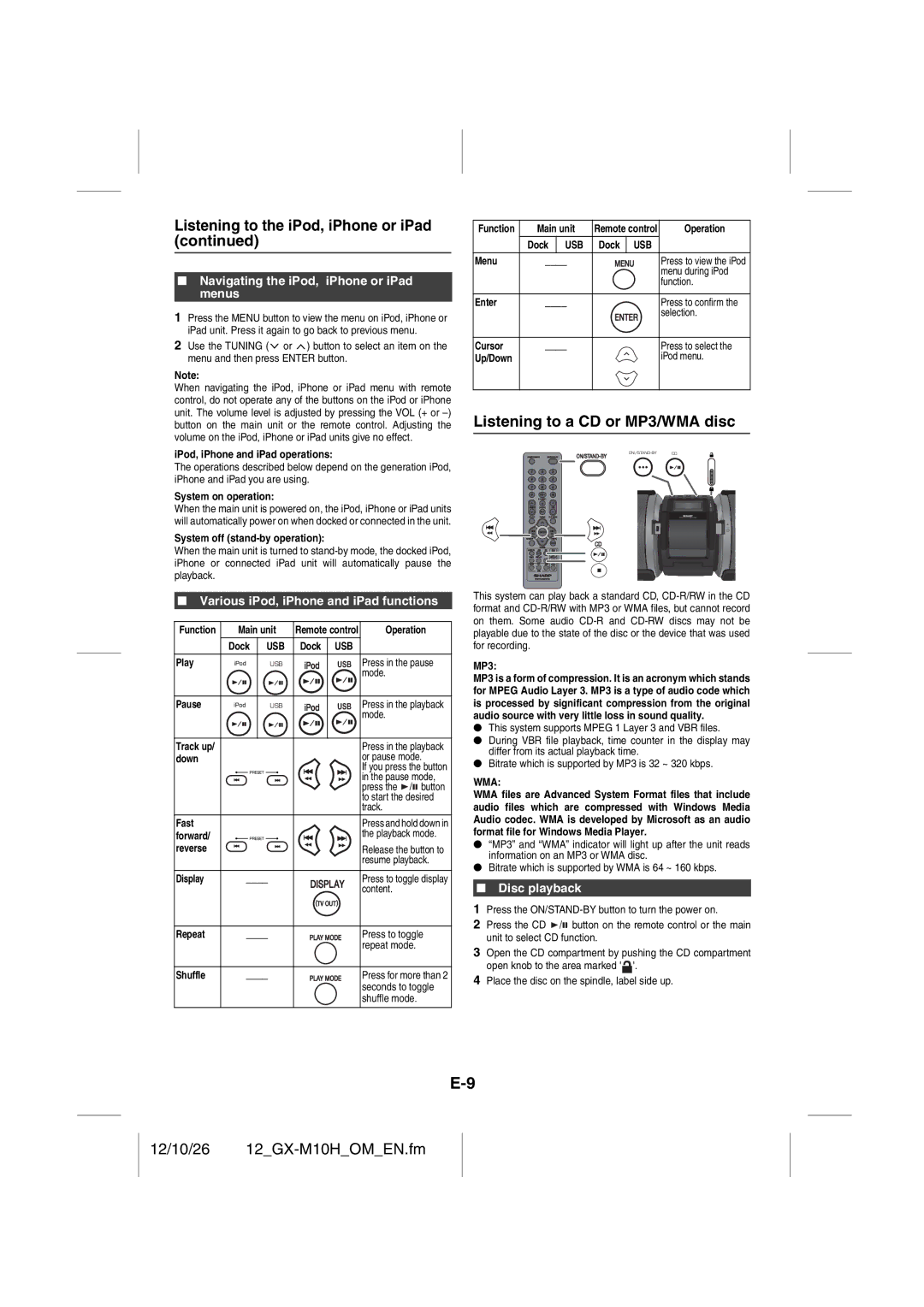 Sharp GX-M10H(OR), GX-M10H(RD) Listening to a CD or MP3/WMA disc, Navigating the iPod, iPhone or iPad menus, Disc playback 