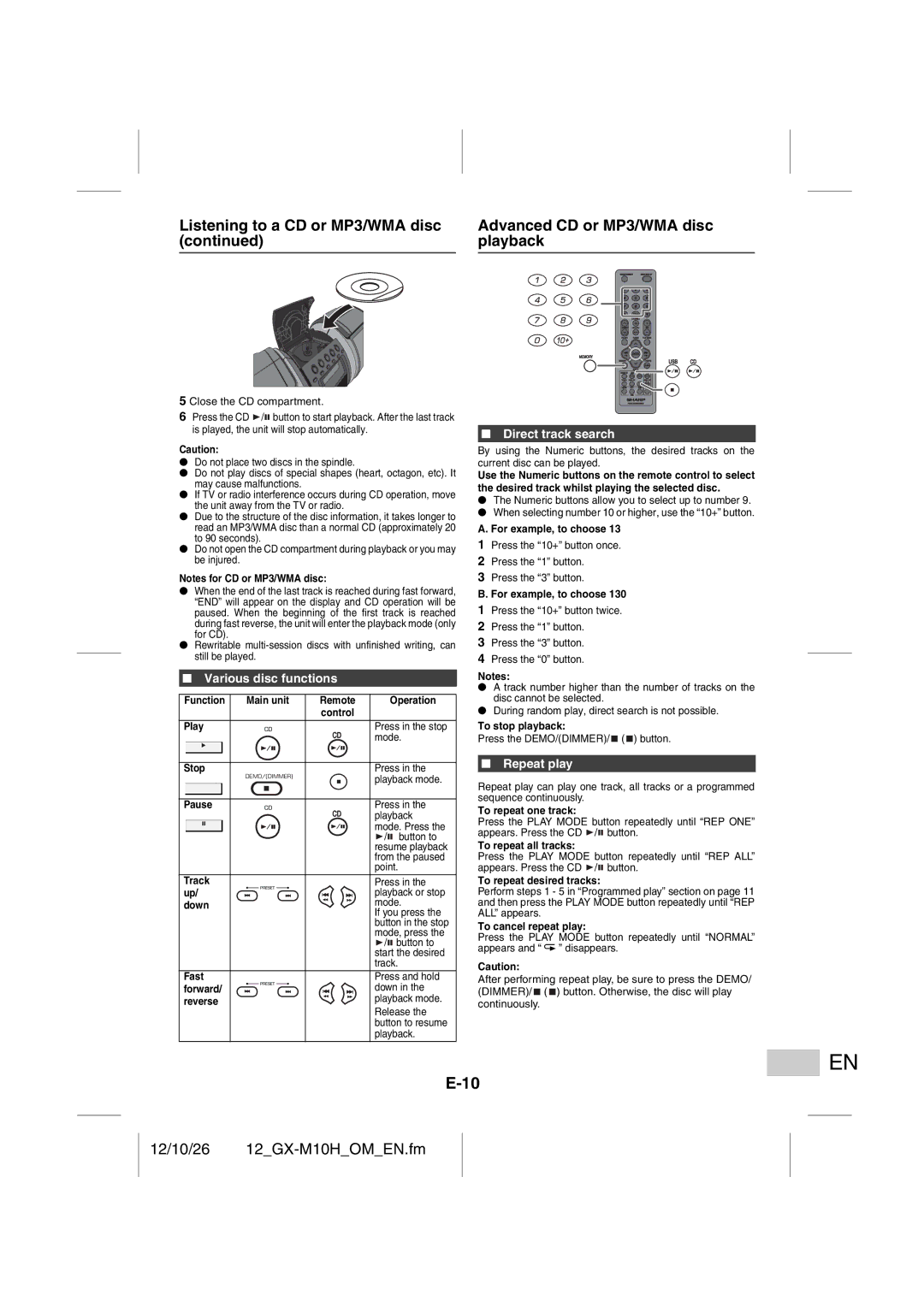 Sharp GX-M10H(RD), GX-M10H(OR) operation manual Various disc functions, Direct track search, Repeat play 