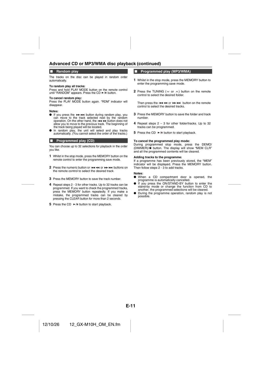 Sharp GX-M10H(OR), GX-M10H(RD) operation manual Random play, Programmed play CD, Programmed play MP3/WMA 