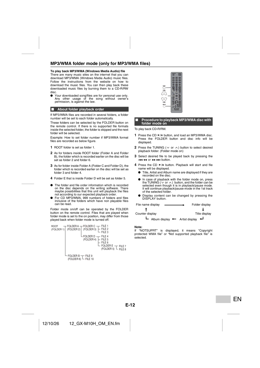 Sharp GX-M10H(RD), GX-M10H(OR) operation manual MP3/WMA folder mode only for MP3/WMA files, About folder playback order 