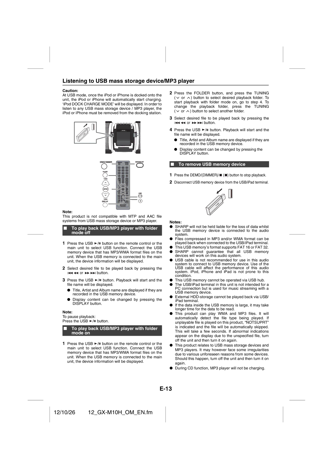 Sharp GX-M10H(OR) Listening to USB mass storage device/MP3 player, To play back USB/MP3 player with folder mode off 