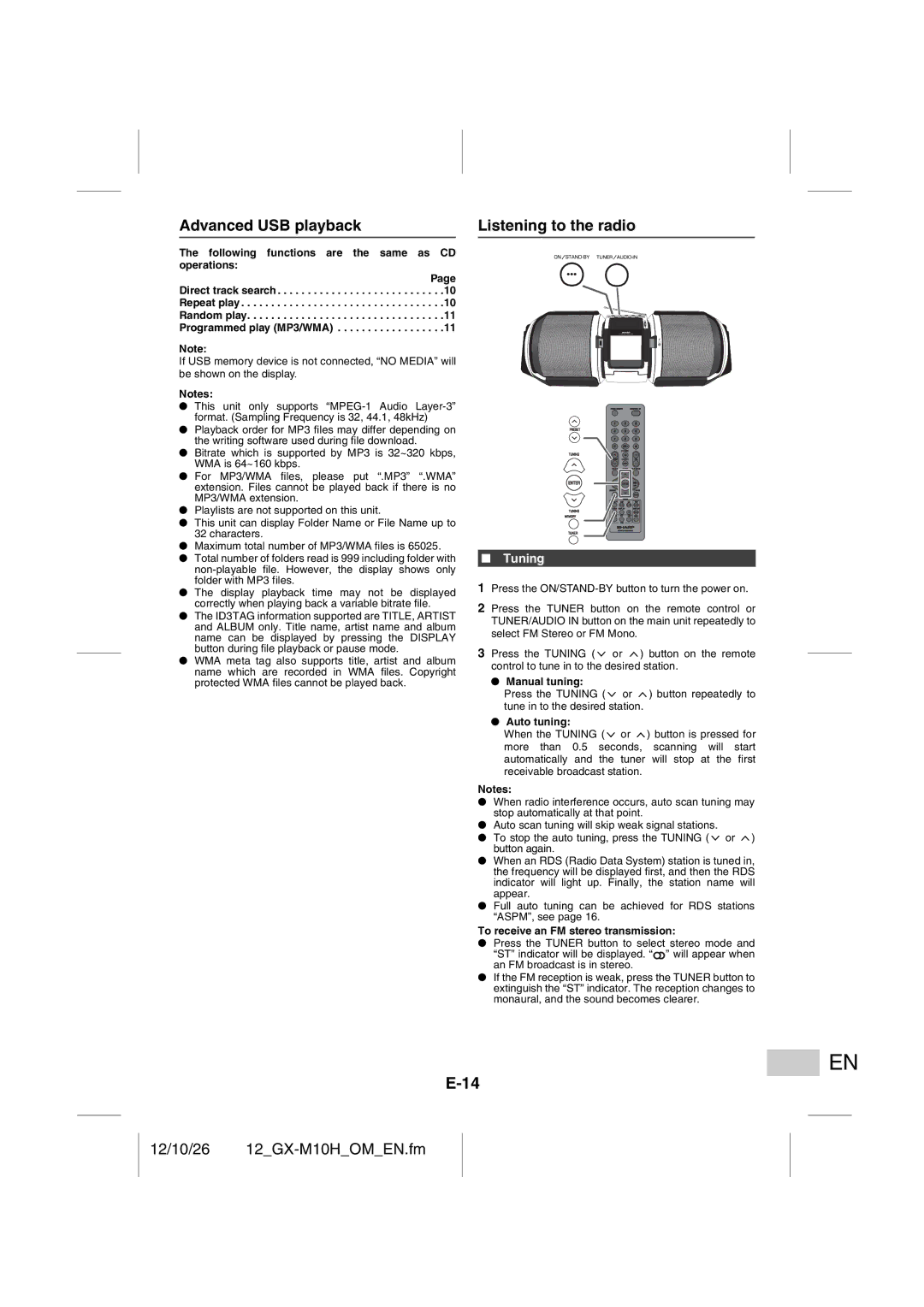 Sharp GX-M10H(RD), GX-M10H(OR) operation manual Advanced USB playback, Listening to the radio, Tuning 