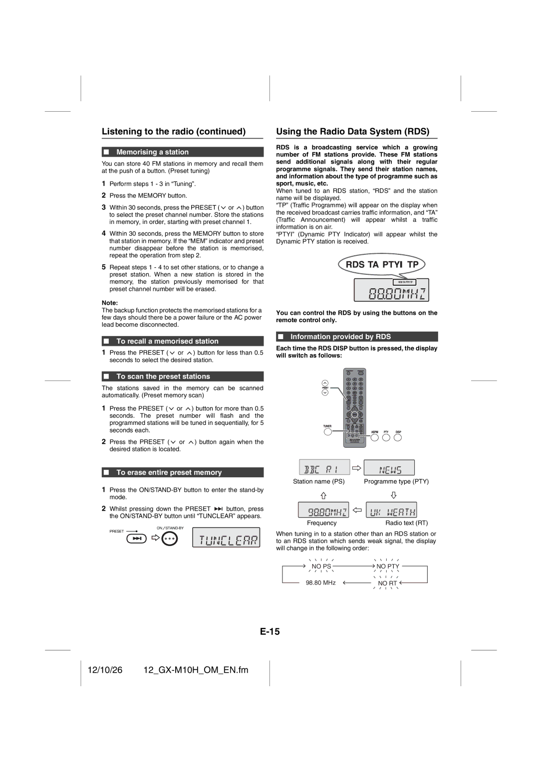 Sharp GX-M10H(OR), GX-M10H(RD) operation manual Using the Radio Data System RDS 