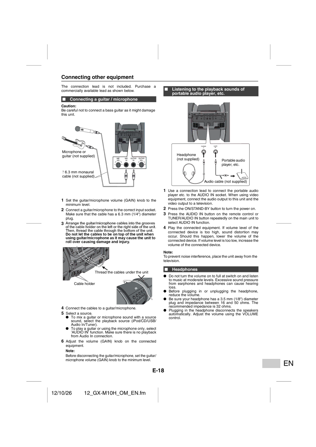 Sharp GX-M10H(RD), GX-M10H(OR) operation manual Connecting other equipment, Connecting a guitar / microphone, Headphones 