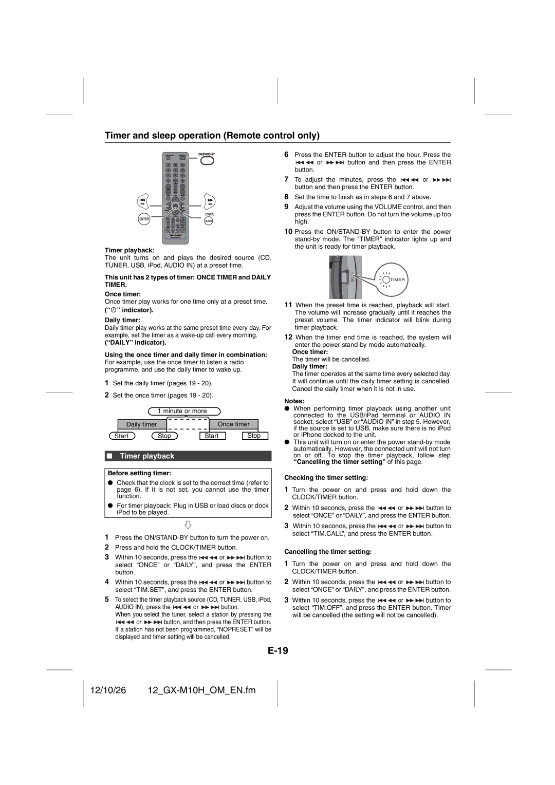 Sharp GX-M10H(OR), GX-M10H(RD) operation manual Timer and sleep operation Remote control only, Timer playback 